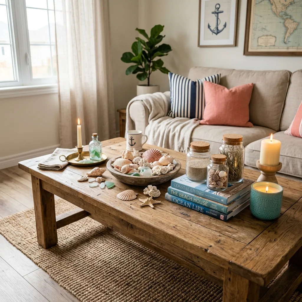 Seashell-styled coastal coffee table decor